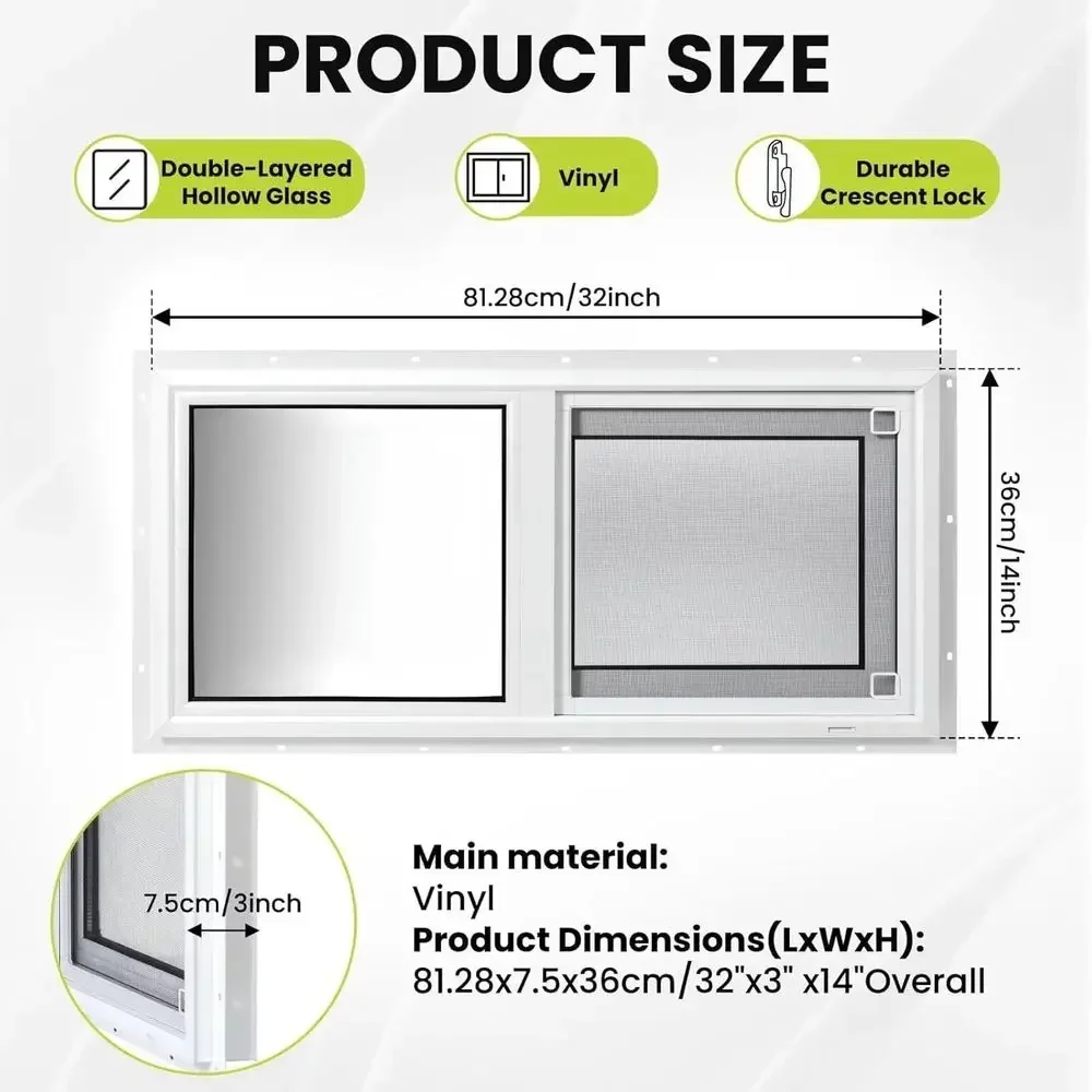 비닐 지하실 창문, 32인치 x 14인치 슬라이딩 창문 - Tempered Glass Screen 리뷰 및 가격