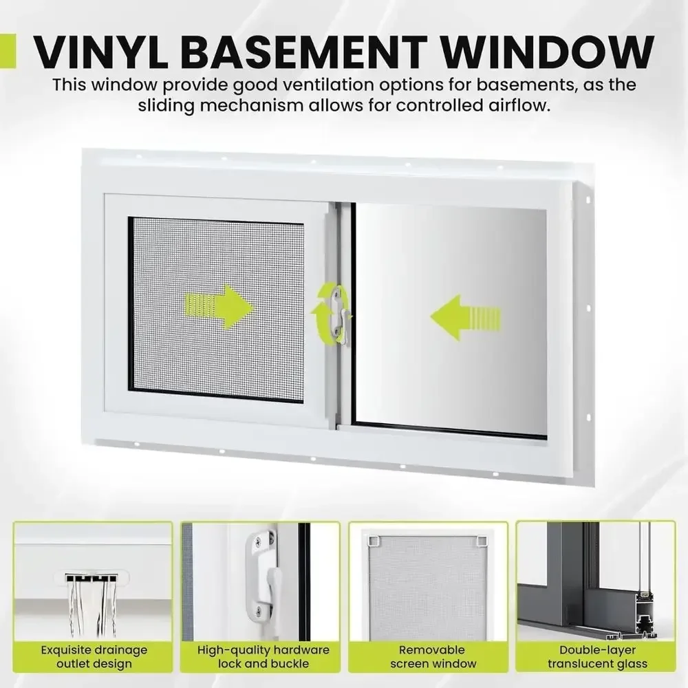 비닐 지하실 창문, 32인치 x 14인치 슬라이딩 창문 - Tempered Glass Screen 리뷰 및 가격